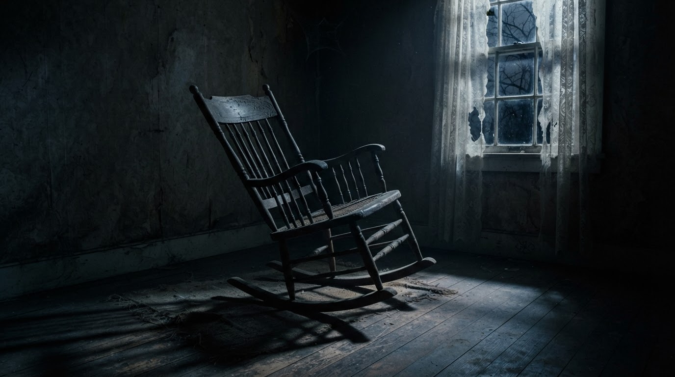 An old wooden rocking chair alone in a dark corner, moonlight seeping through tattered curtains — as if it had only just stopped rocking.