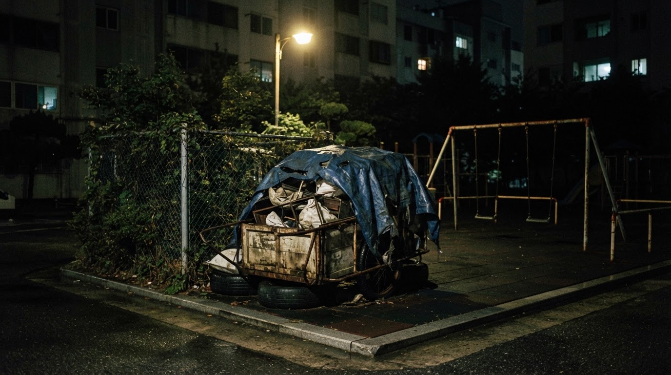 A handcart standing in the playground at night — the children played beside it for three years.