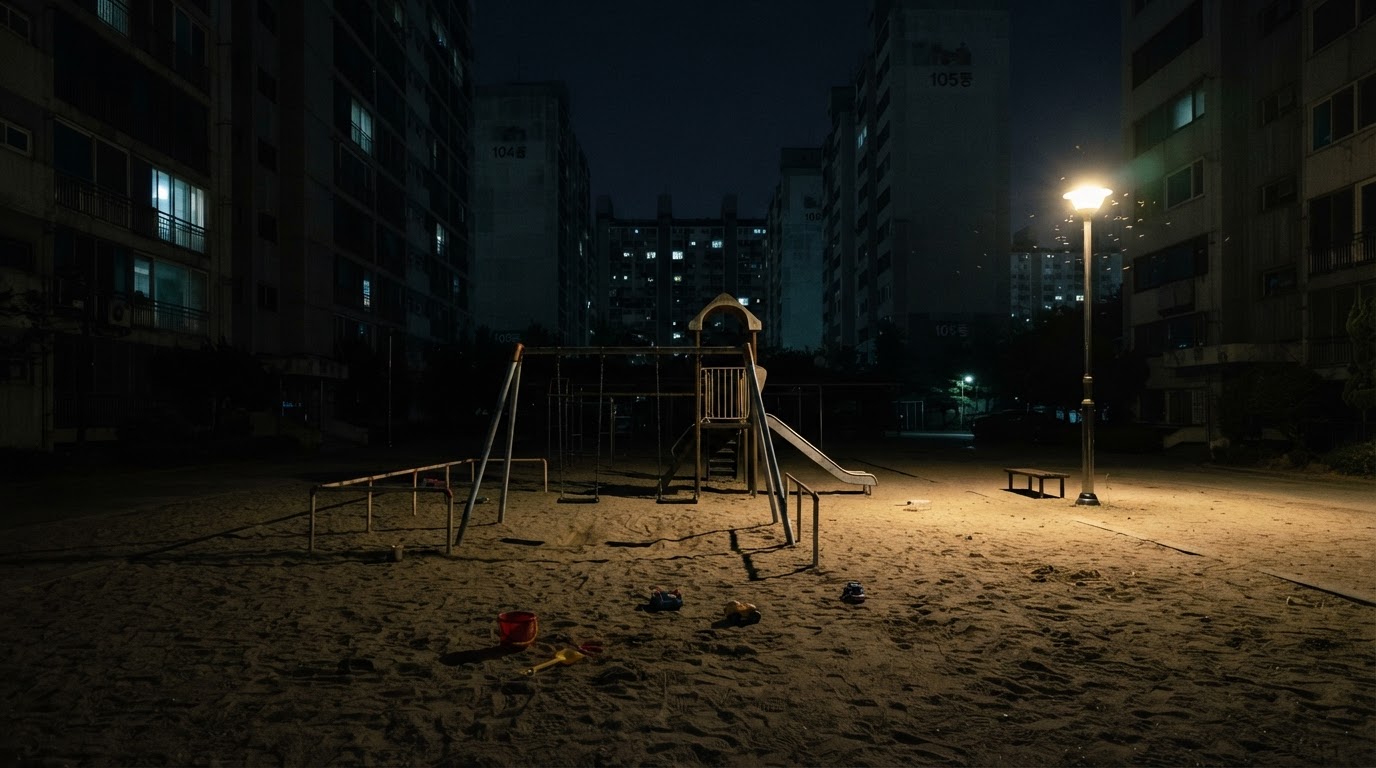 An apartment playground at night — beneath the streetlight, only the swings stand, unmoving.