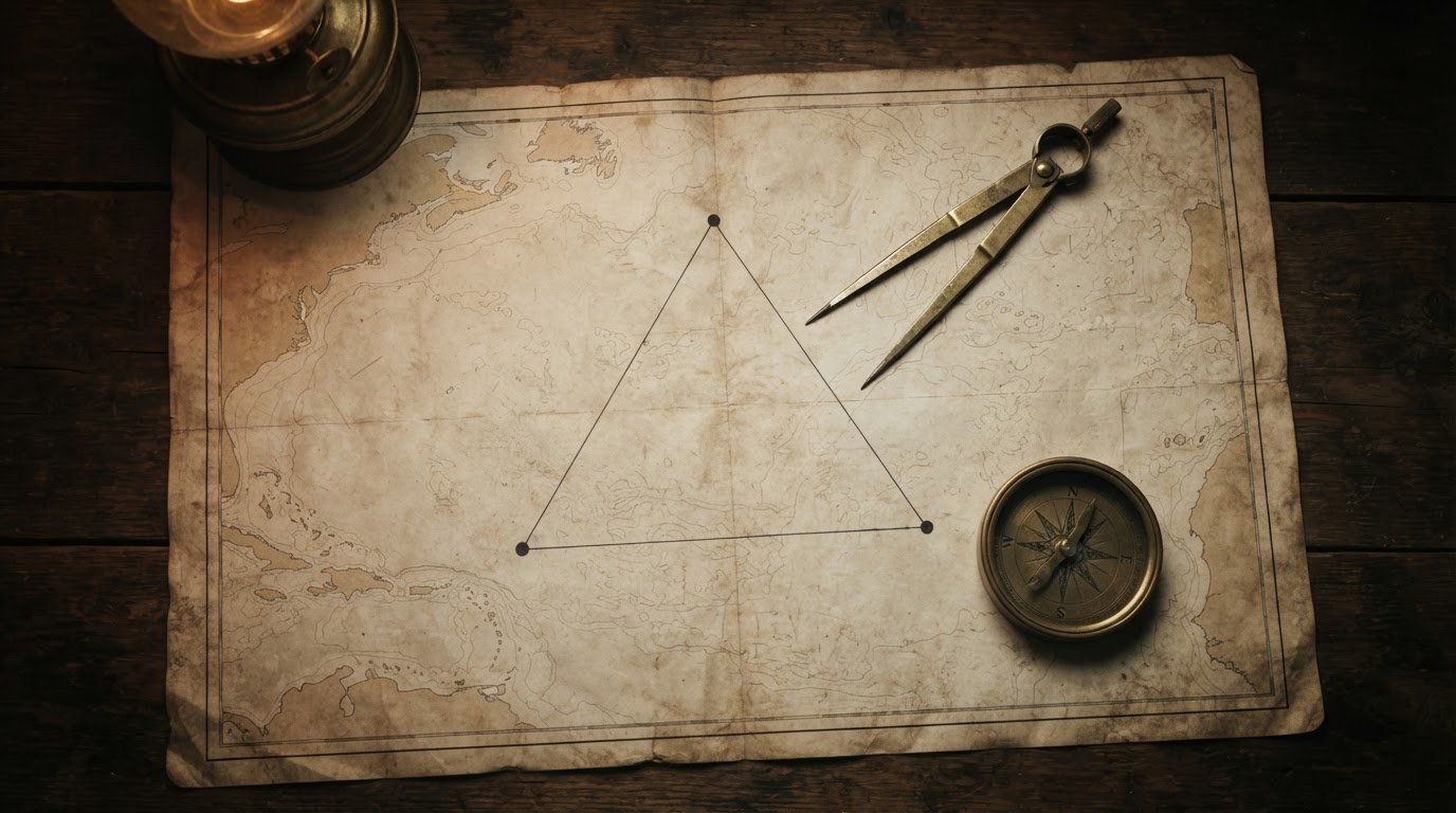 An old nautical chart marking the triangular stretch of Atlantic linking Florida, Bermuda, and Puerto Rico