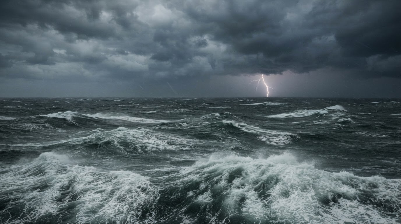 A stormy Atlantic under heavy grey swells, lightning flashing in the distant sky