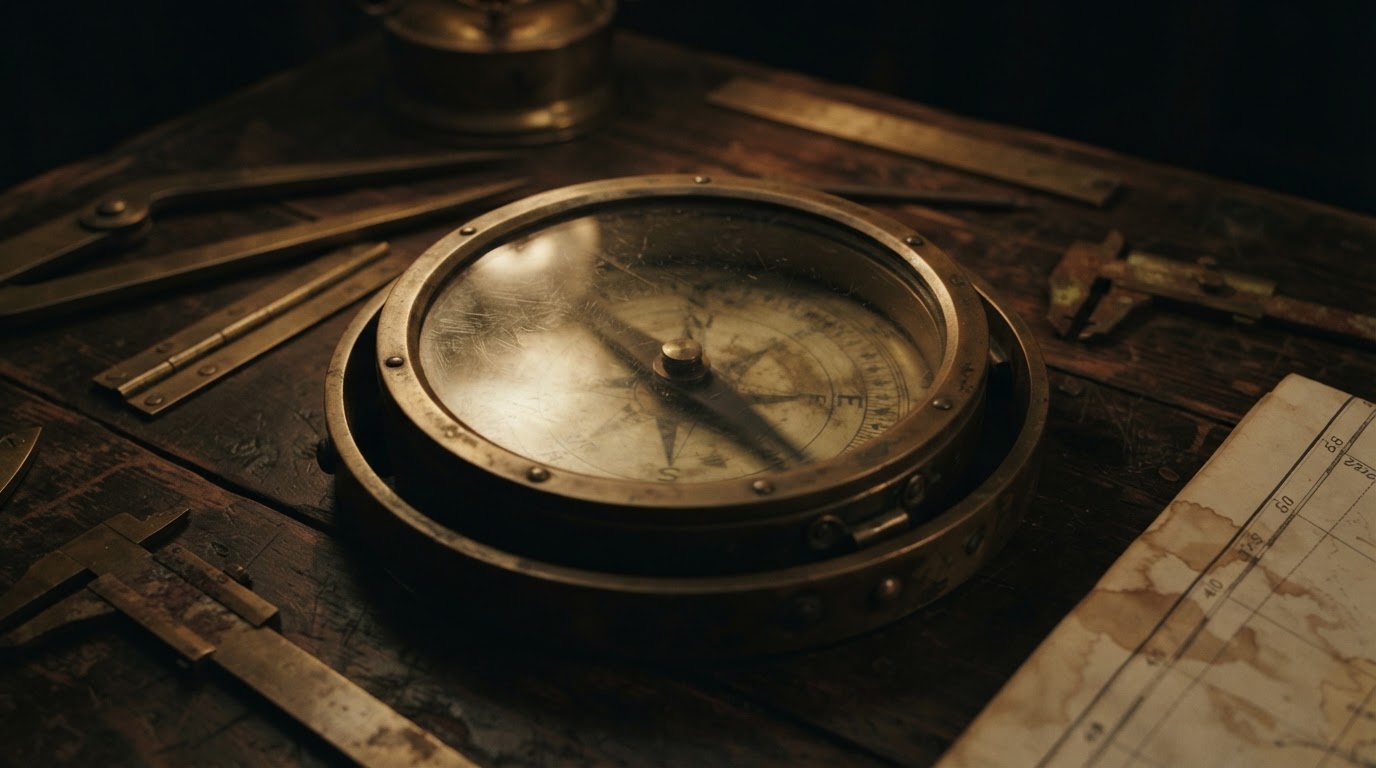 Close-up of an old brass compass and navigation instruments, its needle trembling