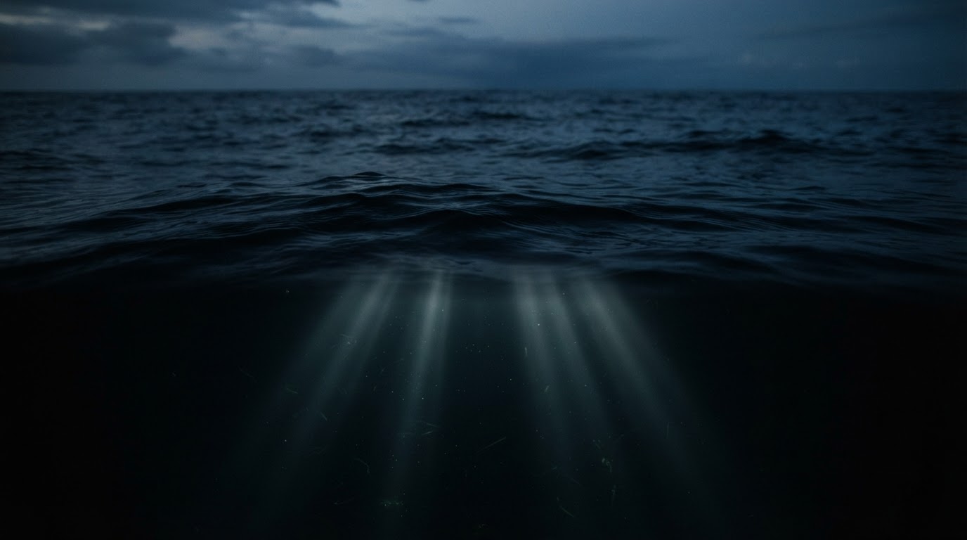 The surface of a deep blue, unfathomable ocean, calm yet with light fading down into the depths
