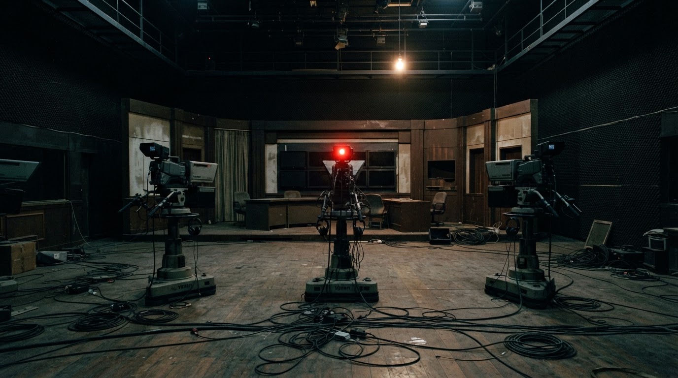 A basement studio after the taping — a single red standby light burns in the dark.
