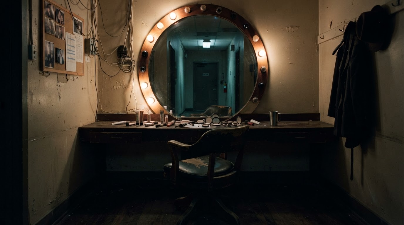 The dressing-room mirror — half the bulbs are dead, and the chair is turned to the angle of someone who just stood up.