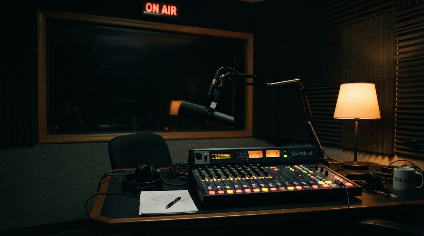 A radio booth at 3 a.m. — beyond the soundproof glass, the control room is complete darkness.