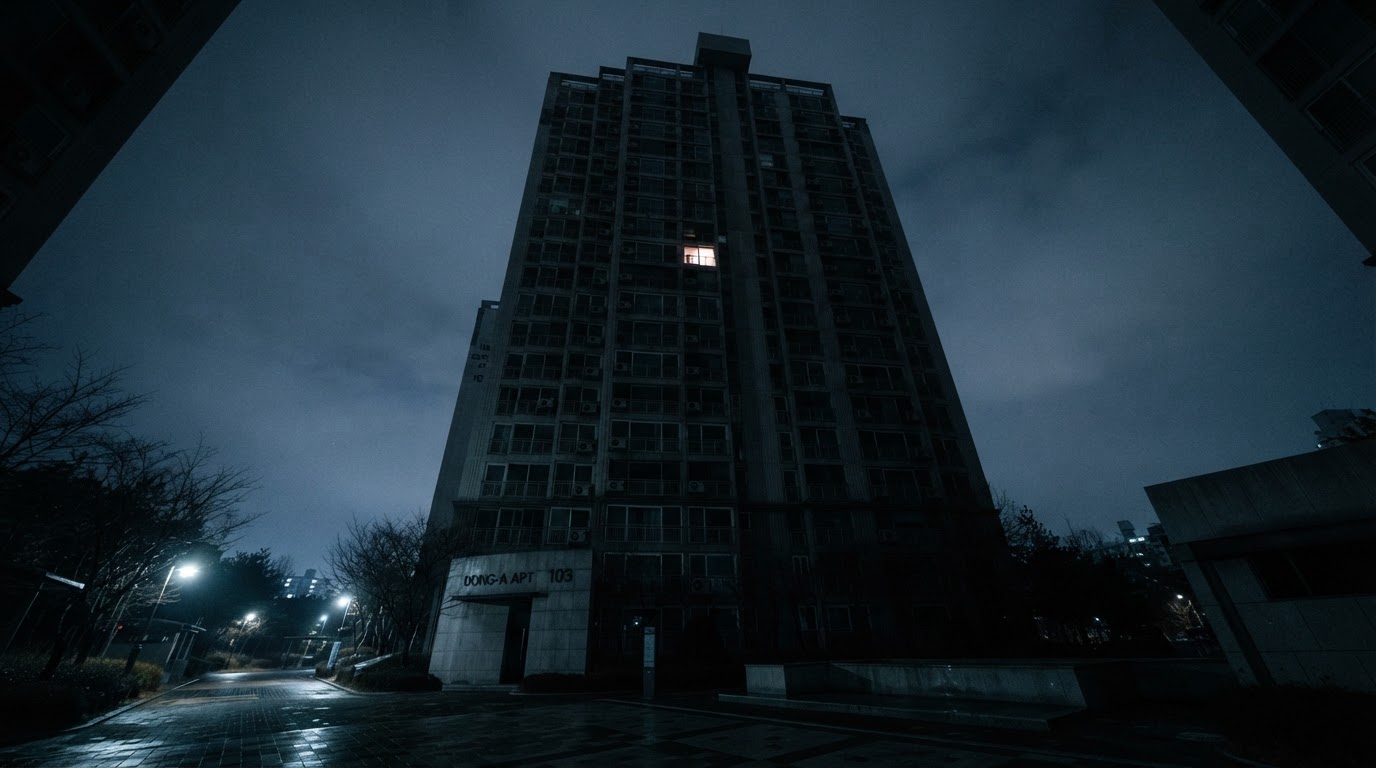 A nighttime apartment block, windows dark except for a single floor glowing faintly.