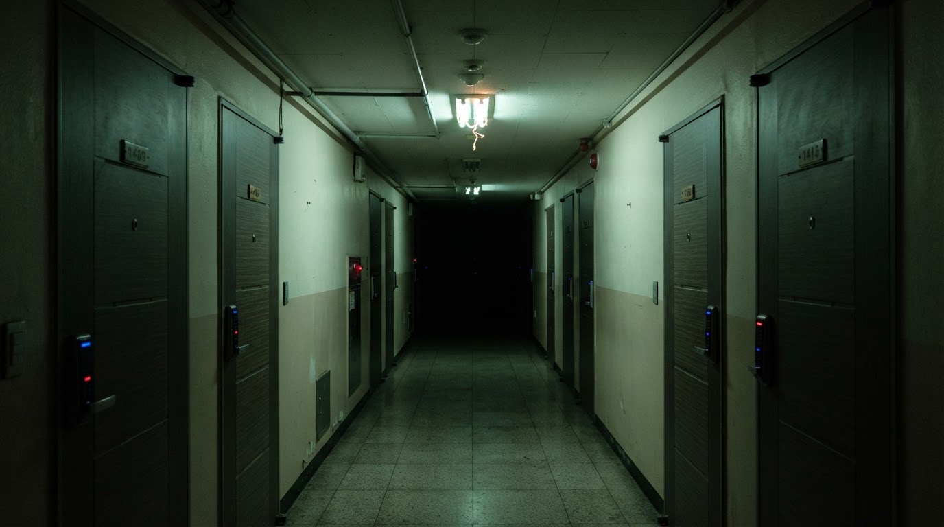 An apartment corridor at 3 a.m. — not so much as a door opening and closing.