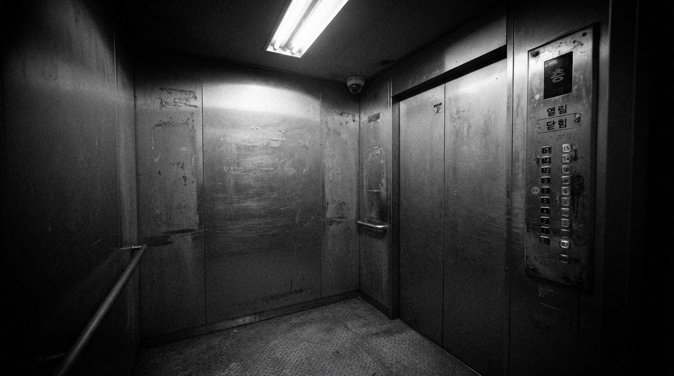 A CCTV frame of an empty elevator — after that night, the two of them were never recorded again.