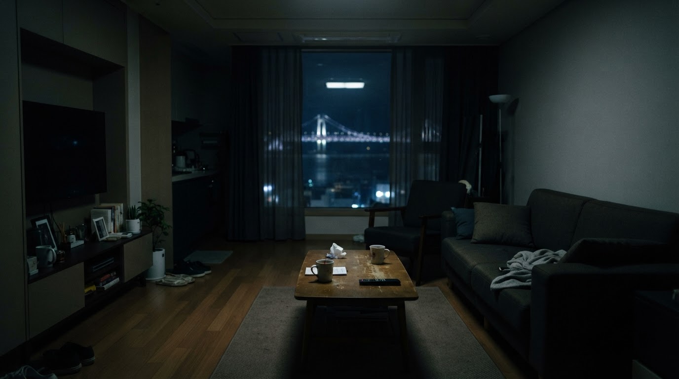 A darkened living room — the things on the table left as if their owners would return any moment.