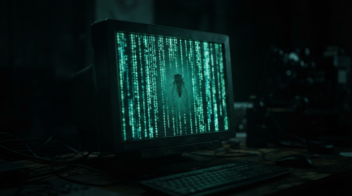 A cicada emblem glowing on a dark computer screen with streams of code