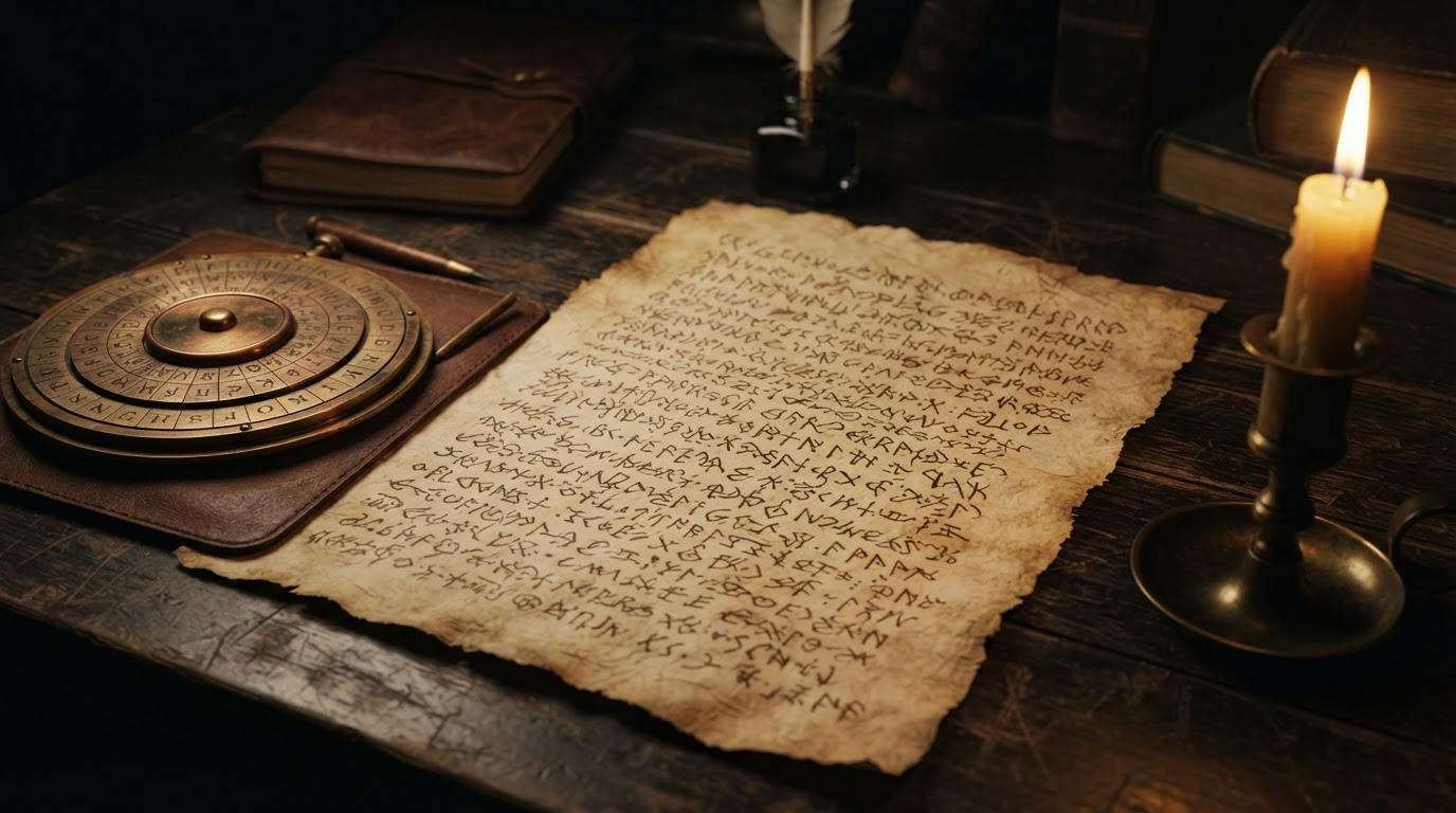 Roman-style cipher text on aged parchment with scrambled letters