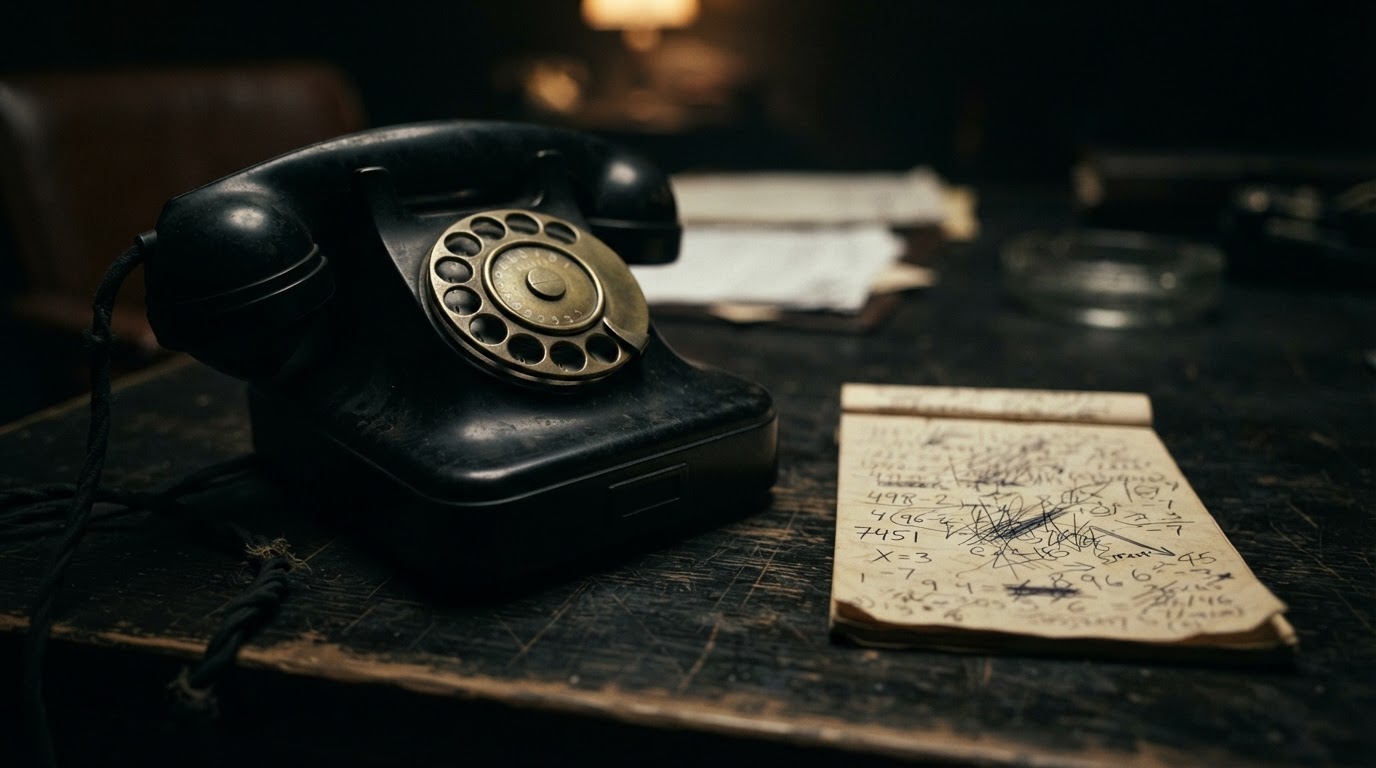 A rotary telephone beside a note scrawled with prime numbers on a dark desk