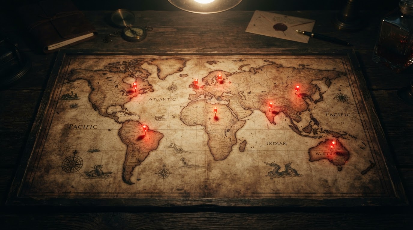 A world map marked with red pins over several cities