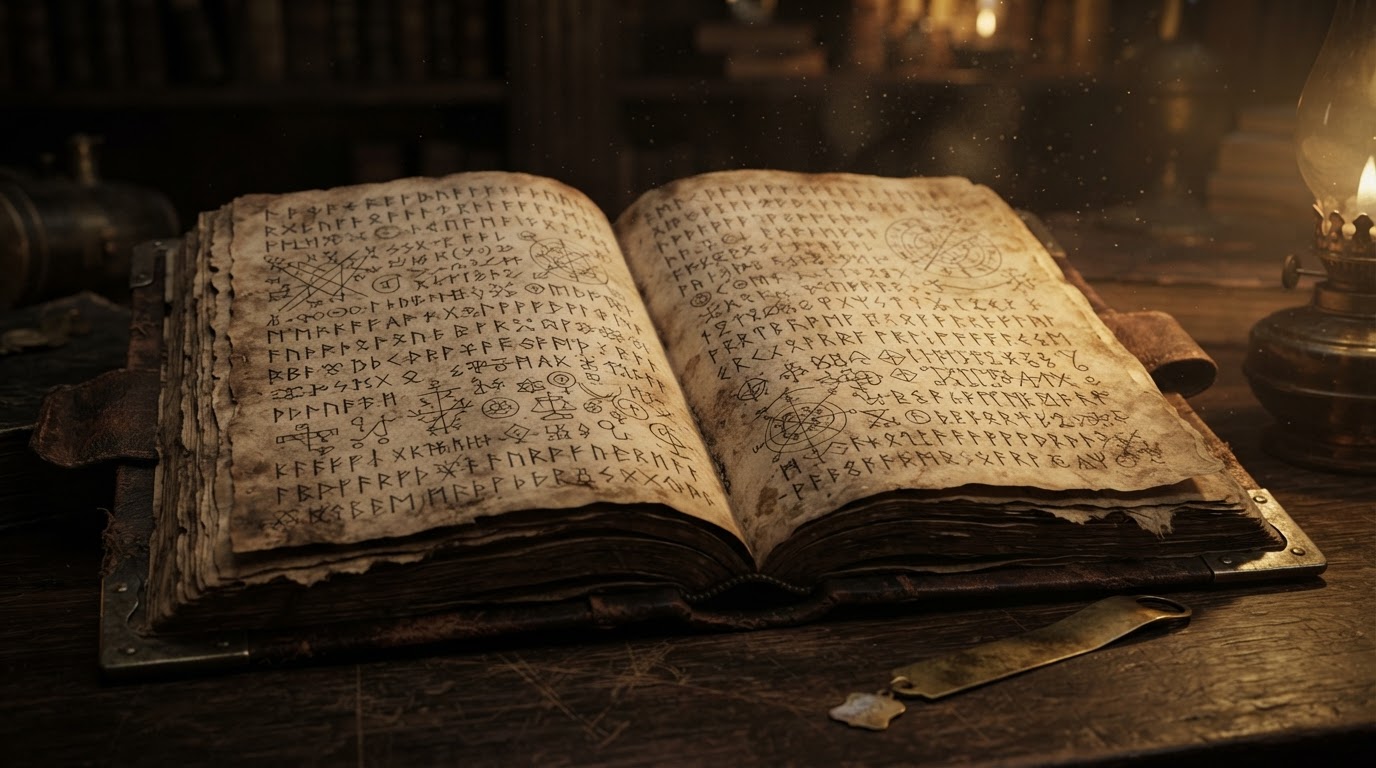 An open page of an ancient book densely covered in runic characters