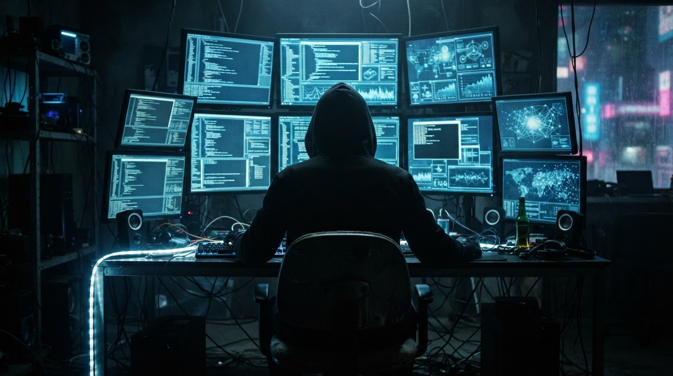 The back of a hooded, anonymous silhouette seated before a bank of monitors