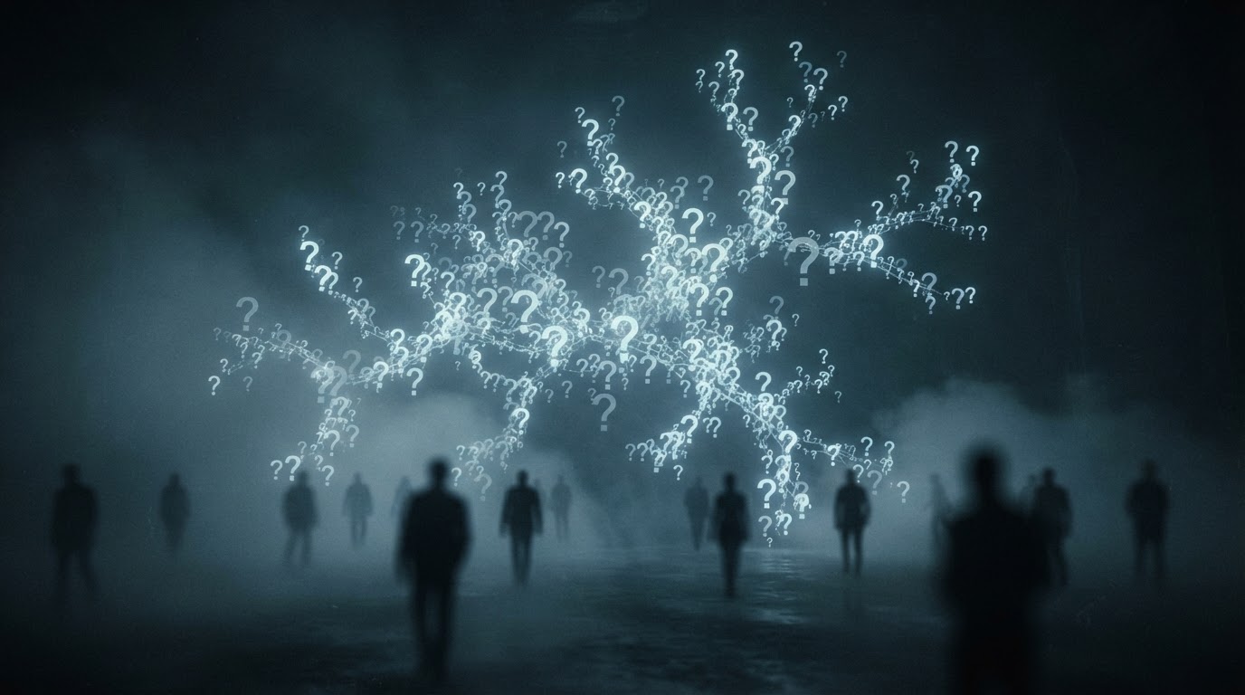 A branching cluster of question marks with faceless shadows blurred behind them