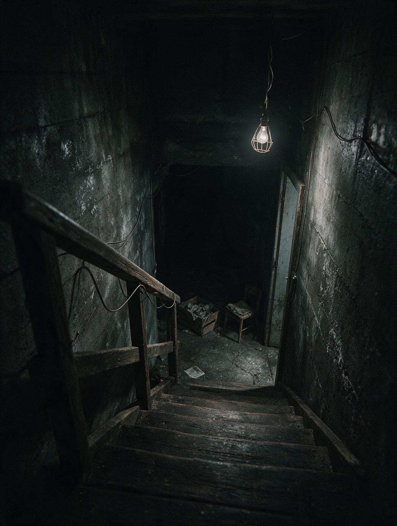 Stairs down into a dark basement — a room that had been made ready in advance.