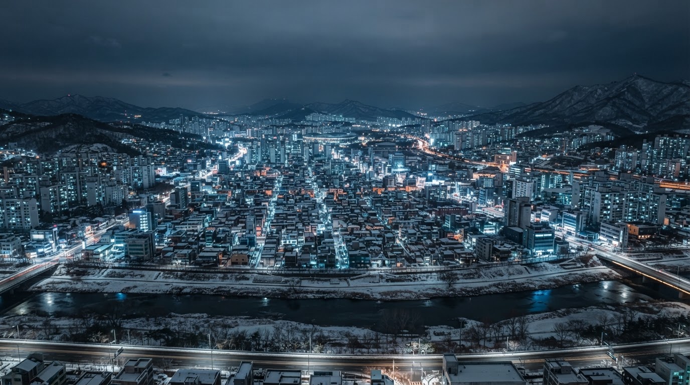 A wide winter nighttime cityscape of Daejeon, cold city lights spreading across the skyline
