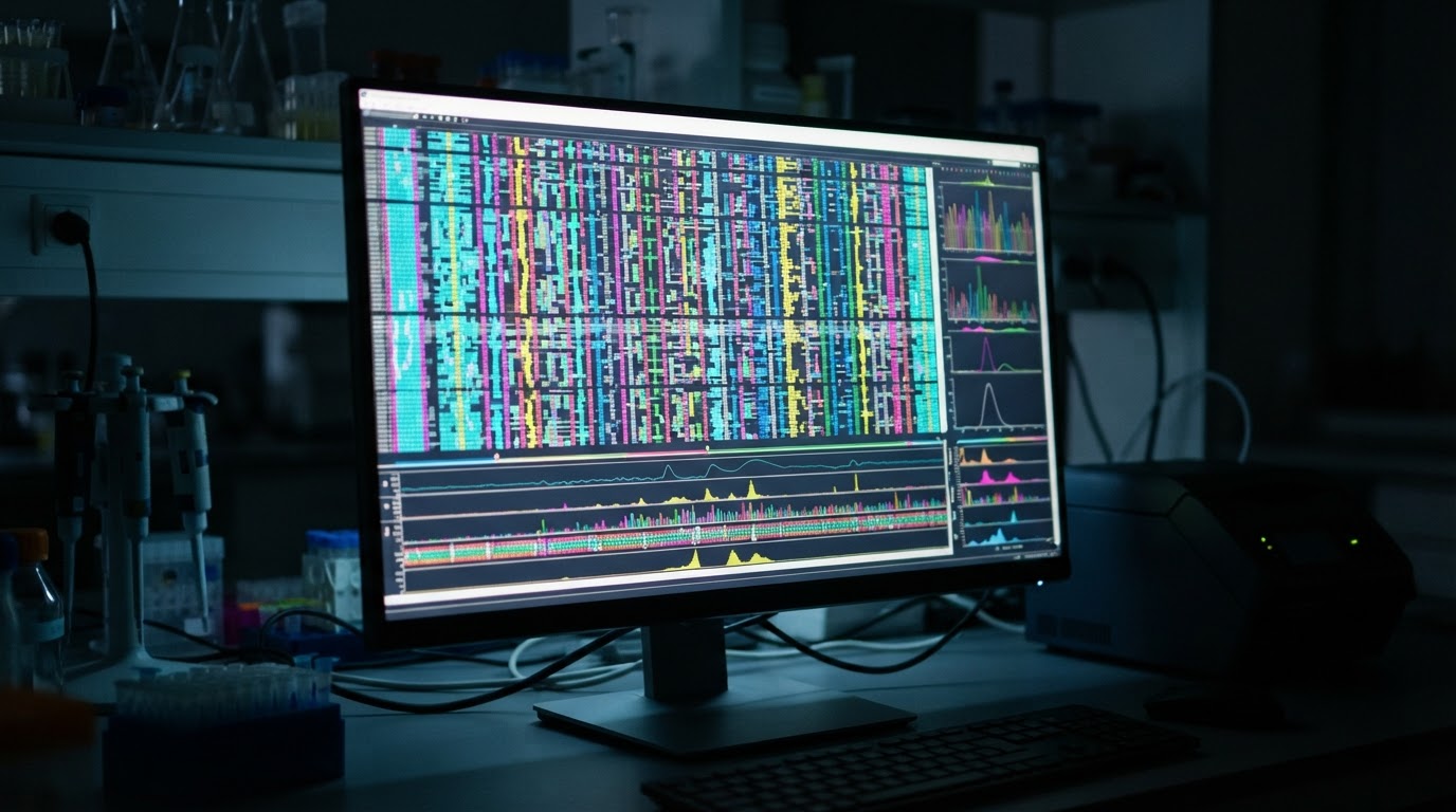 A screen showing an abstract DNA sequencing pattern of colored bands (no readable text)