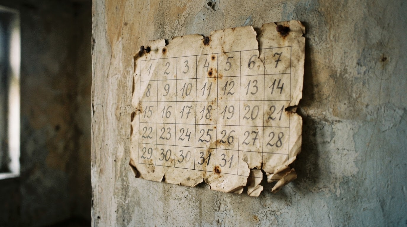 An old wall calendar with its numbers and dates blurred illegible, marking the passage of years (no readable text)