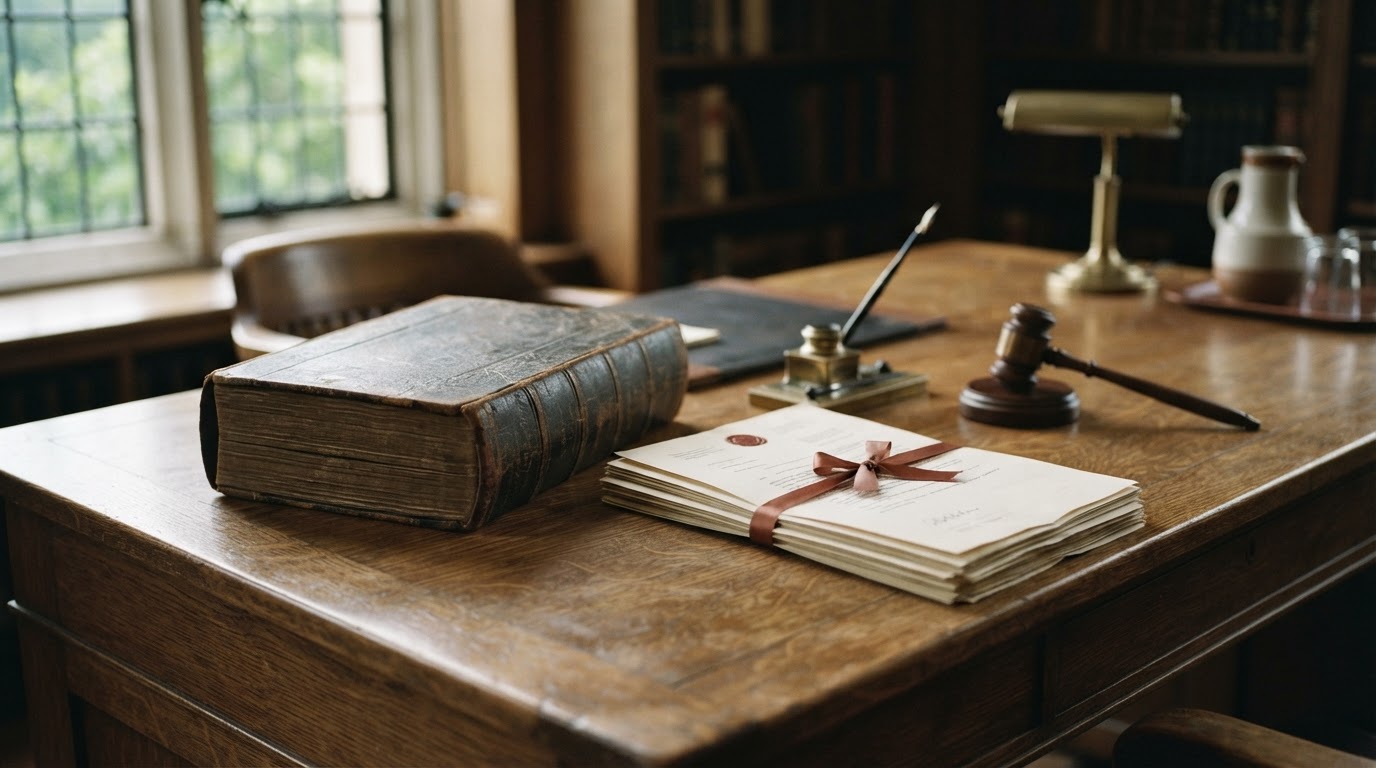 A desk with a heavy law book and official documents, a still life symbolizing a change in the law (no readable text)