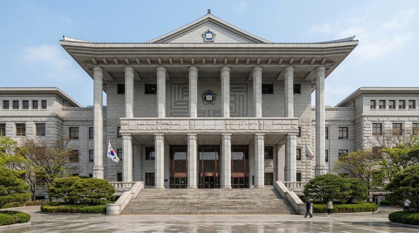 The imposing exterior facade of a Korean courthouse, a dignified front symbolizing justice (no readable text)