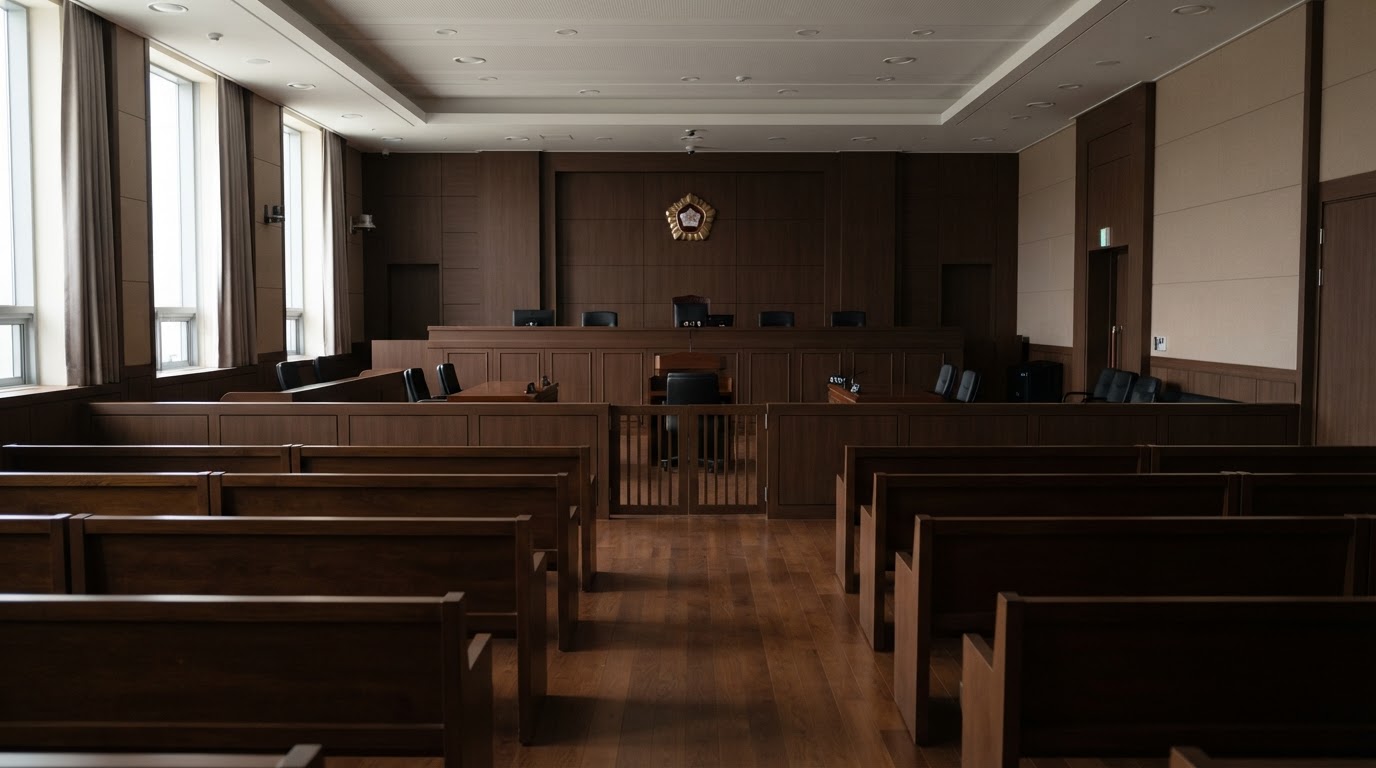 An empty Korean courtroom interior, unoccupied gallery benches, still and solemn