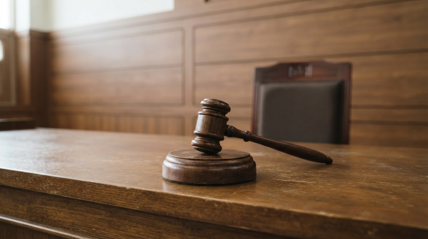 A wooden judge's gavel resting on a sound block on a quiet courtroom bench, symbolizing a verdict (no readable text)