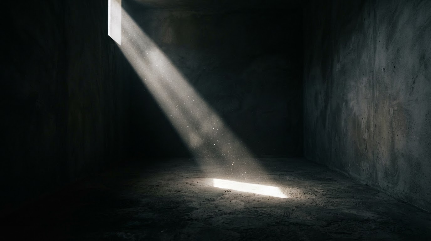 A single beam of light breaking through darkness, symbolizing the truth emerging