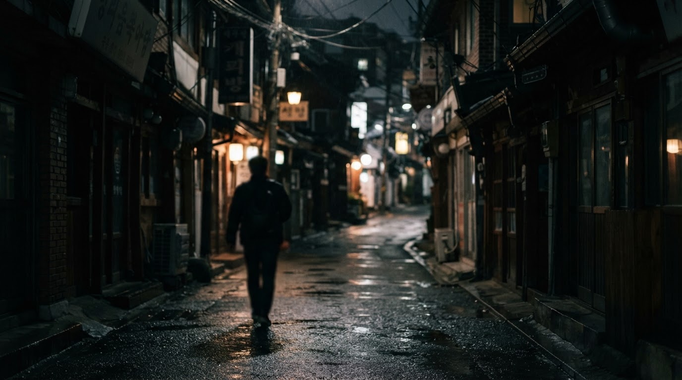A blurred silhouette of a person seen from behind, fading into a dark background (face not identifiable)