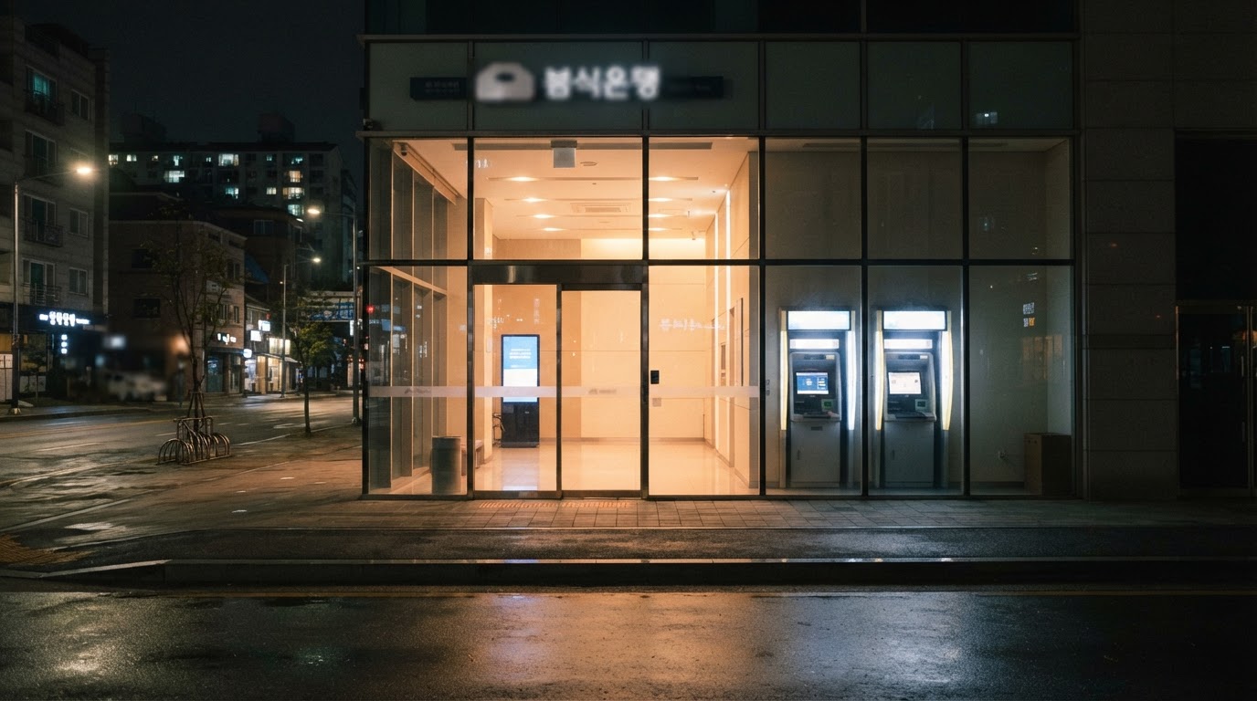 The exterior of an urban bank building at night, faint light glowing behind the glass (no readable signage)