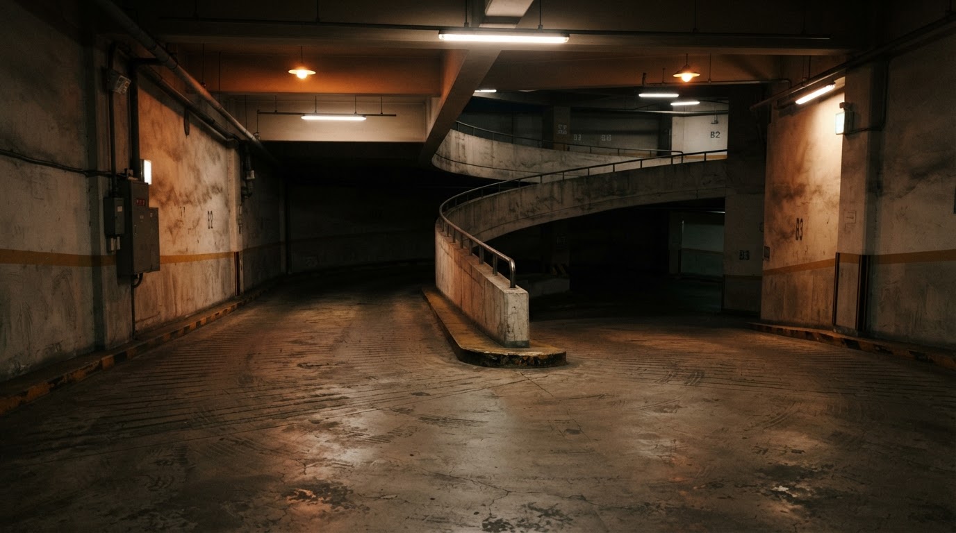 A dim ramp descending into an underground parking garage, low ambient light (neutral and non-violent)