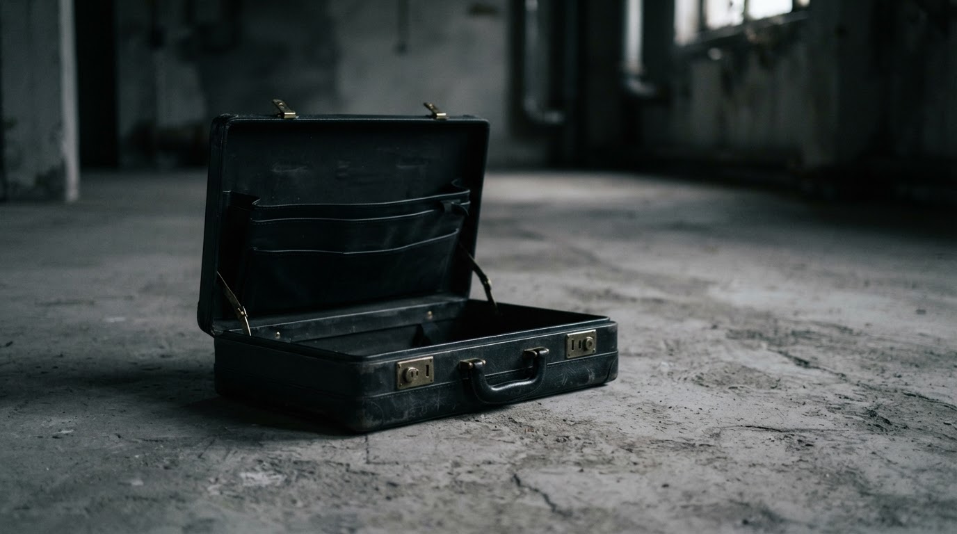 A single empty briefcase resting on a concrete floor, a still life symbolizing the vanished cash