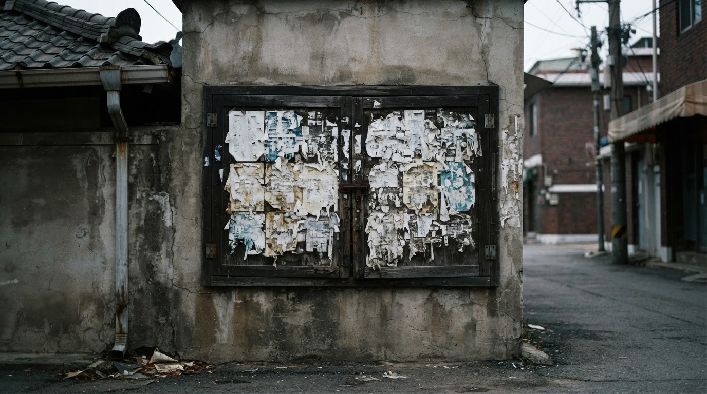 An old, weathered notice board with its lettering worn away, faded papers layered on a wall (no readable text)