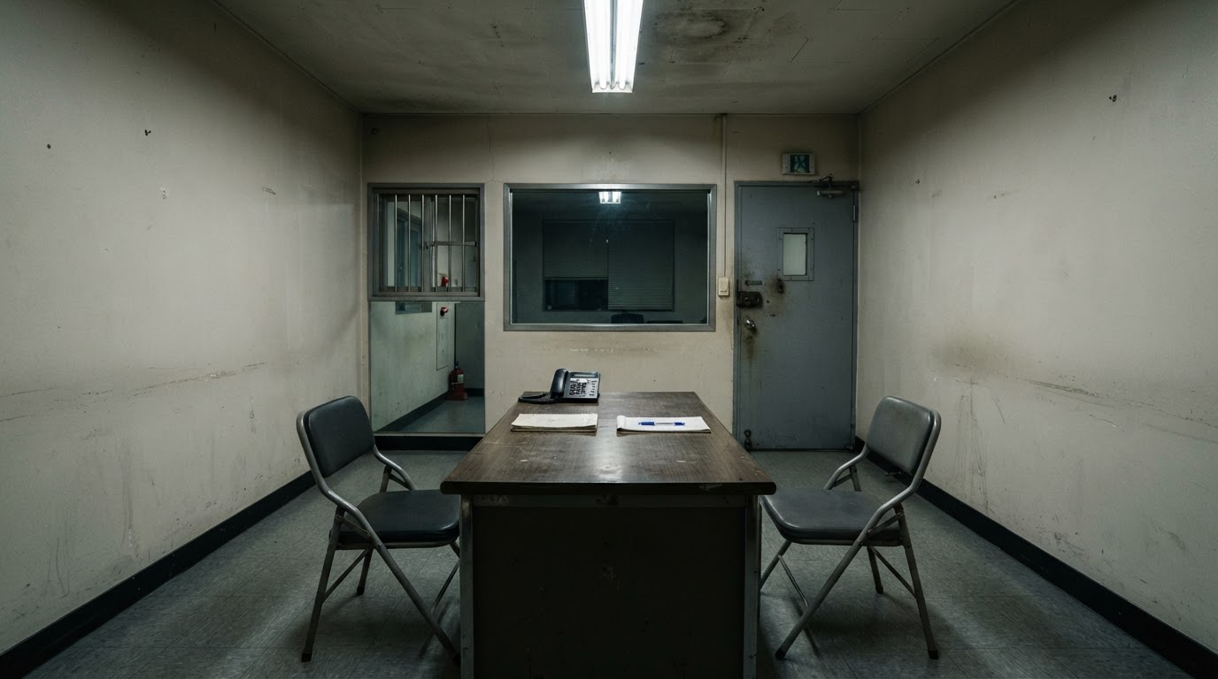 An empty police interview room, a worn desk with two facing chairs under a cold overhead light