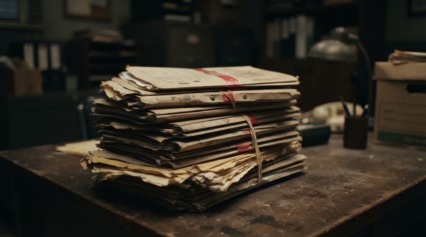 A stack of old case-file documents on a desk, letters deliberately blurred and illegible (no readable text)