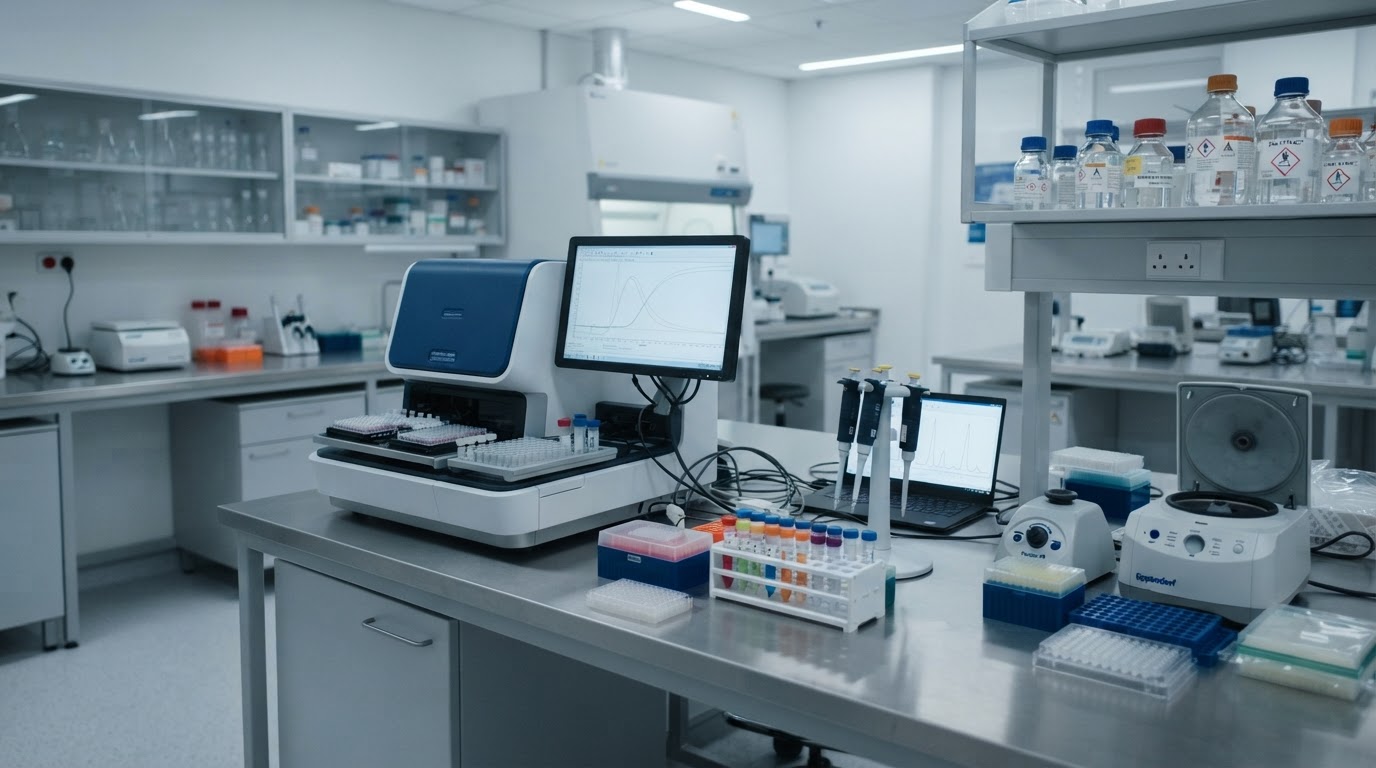 A forensic DNA analysis laboratory in the style of a national institute, precise instruments under cool light