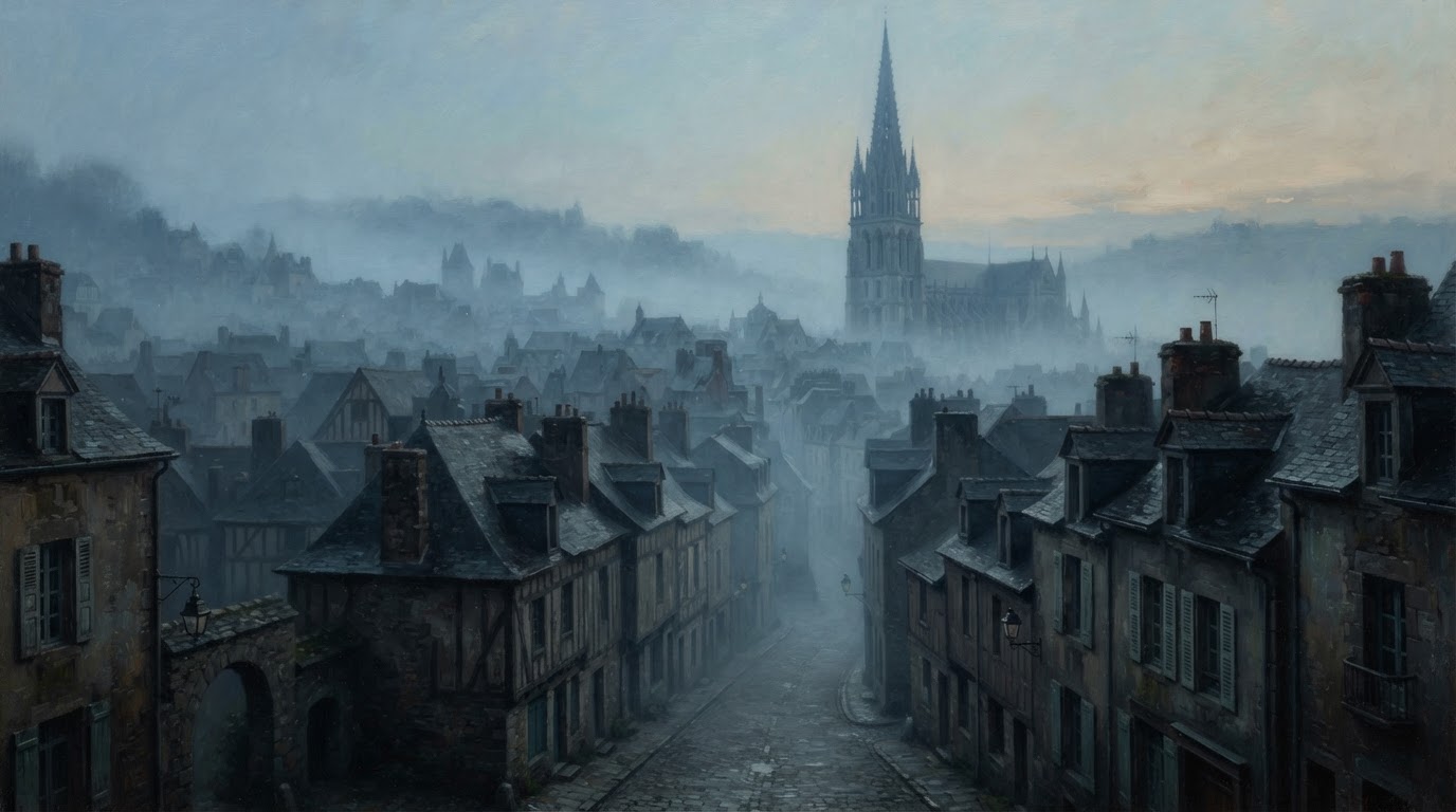 A foggy dawn over a medieval European town