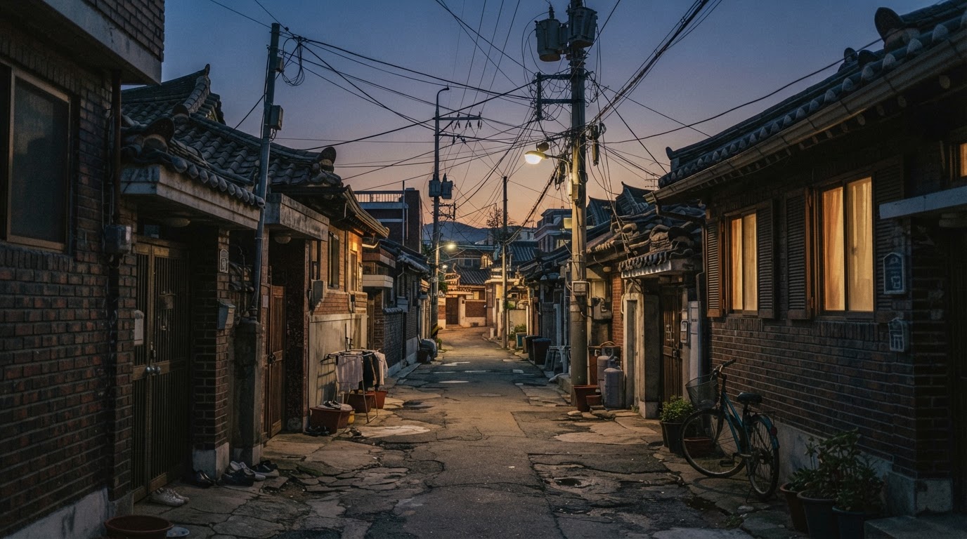 A residential neighborhood in 1990s Seoul, an alley at dusk.