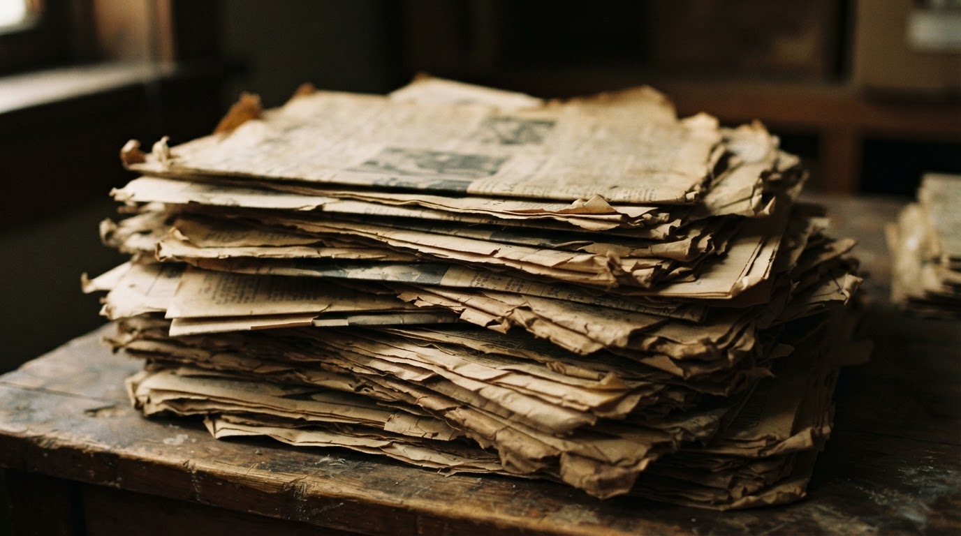 A pile of old newspaper clippings — the text is illegible.