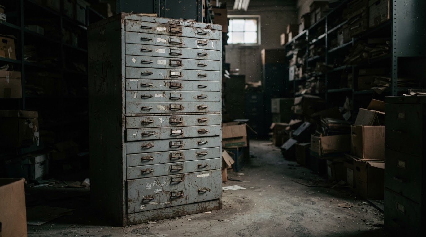 A weathered cold-case cabinet — every drawer faded with age.