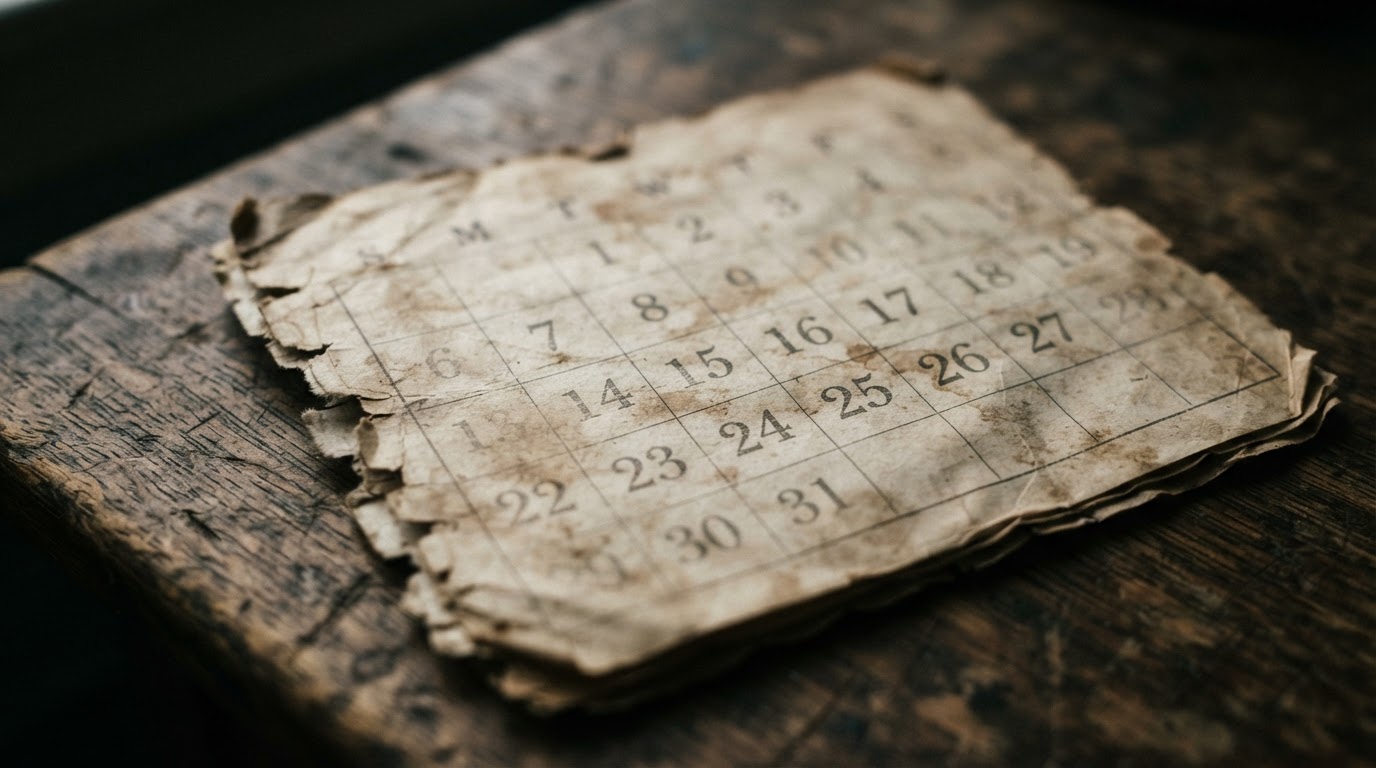 A wall calendar weathered by the years — the dates are blurred.