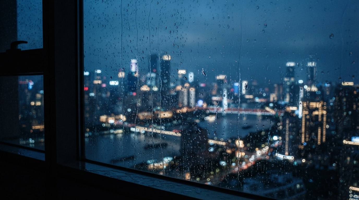 A rain-soaked city skyline through a window — droplets clinging to the glass.
