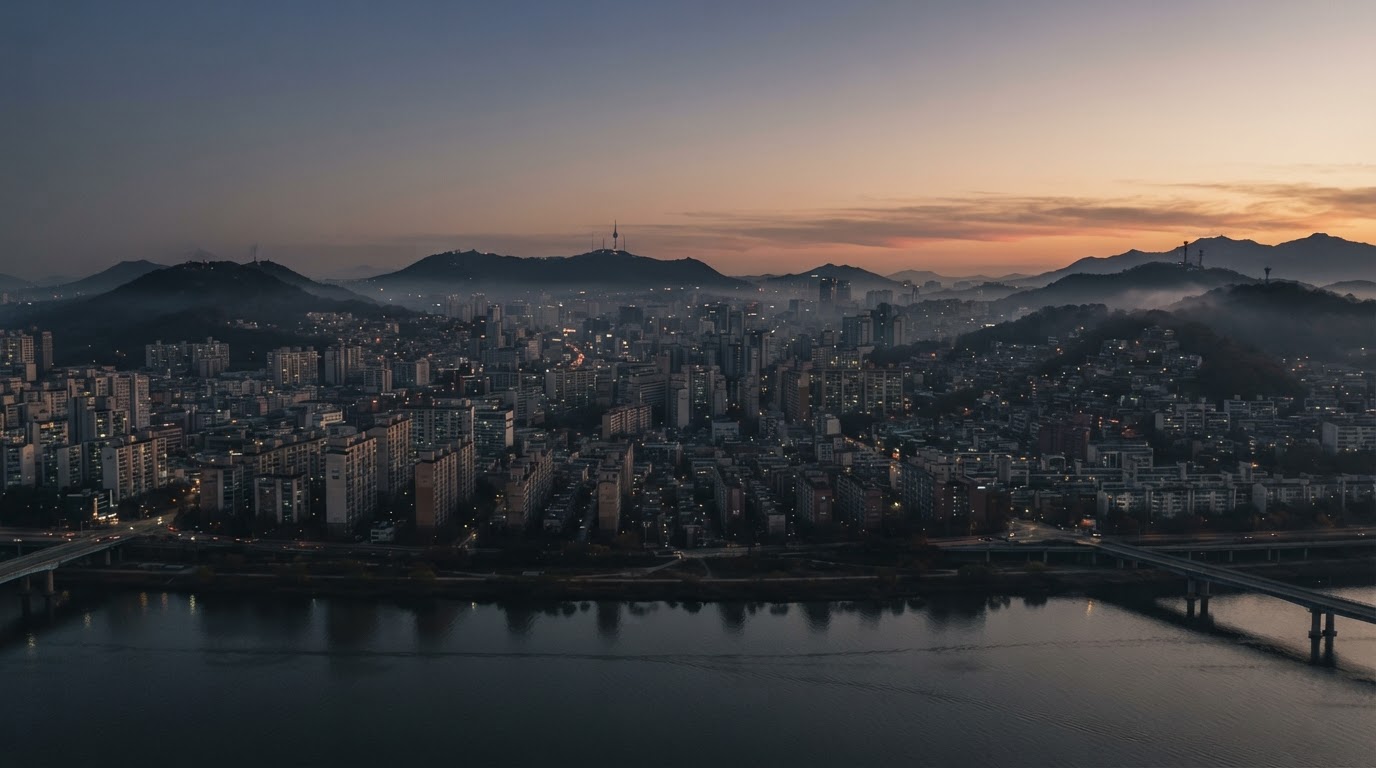 A city at daybreak — dawn spreading between the buildings.