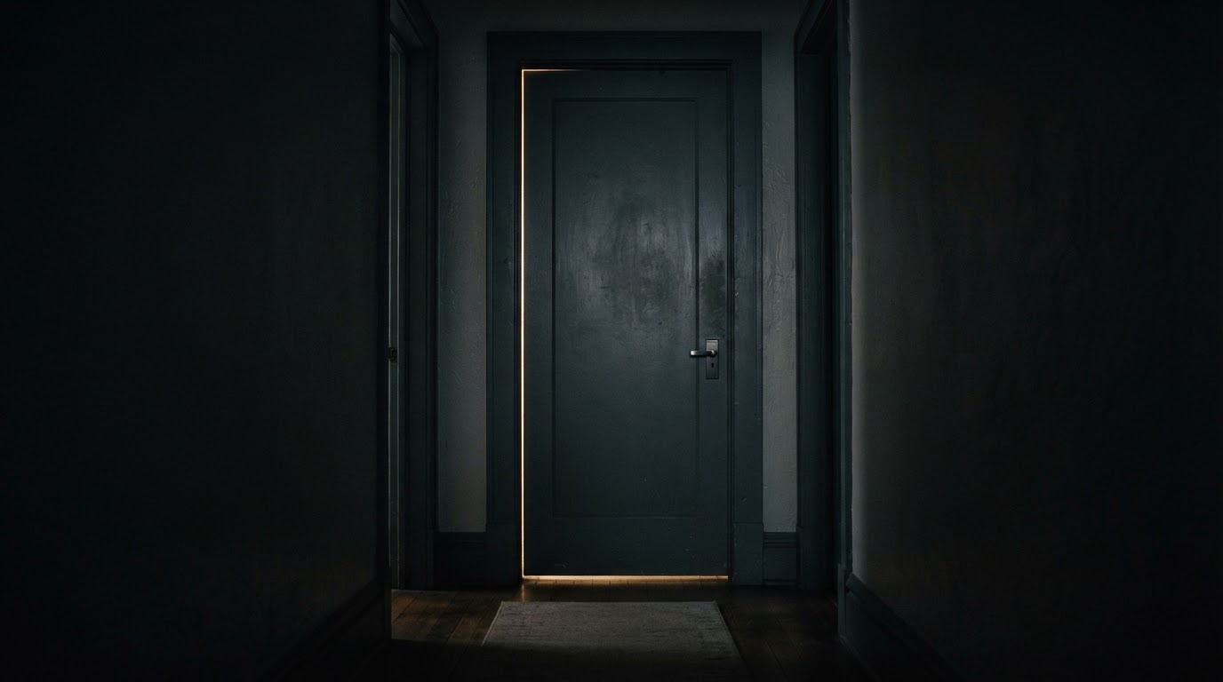 A faint line of light seeping through the gap of a bathroom door.