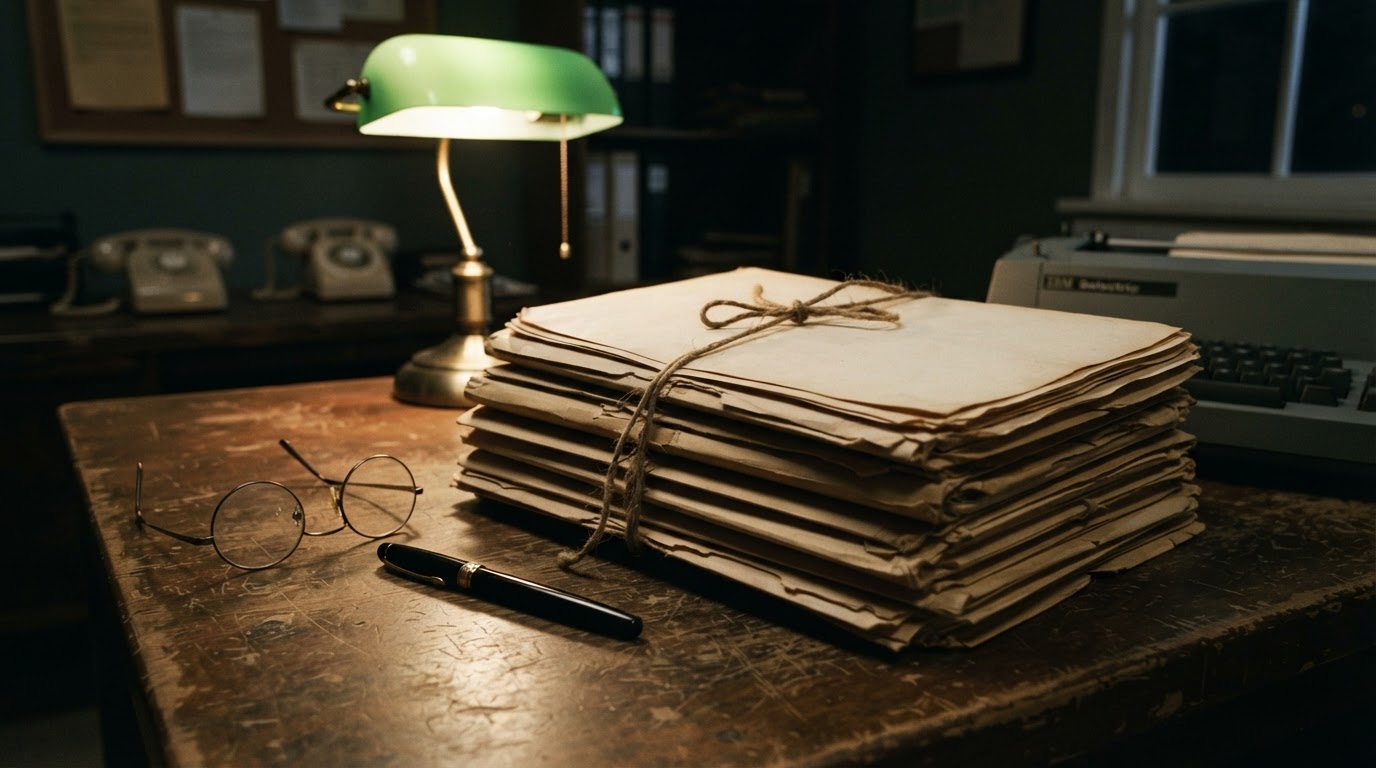 A stack of old forensic examination documents on a desk.