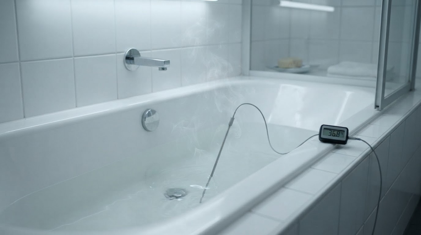A bathtub with a thermometer inserted — a conceptual scene of an experiment linking water temperature and time of death.
