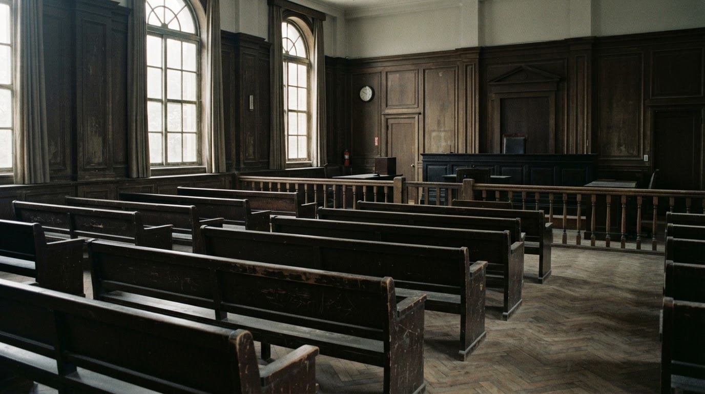 The interior of a 1990s courtroom — empty gallery, worn wooden panels.