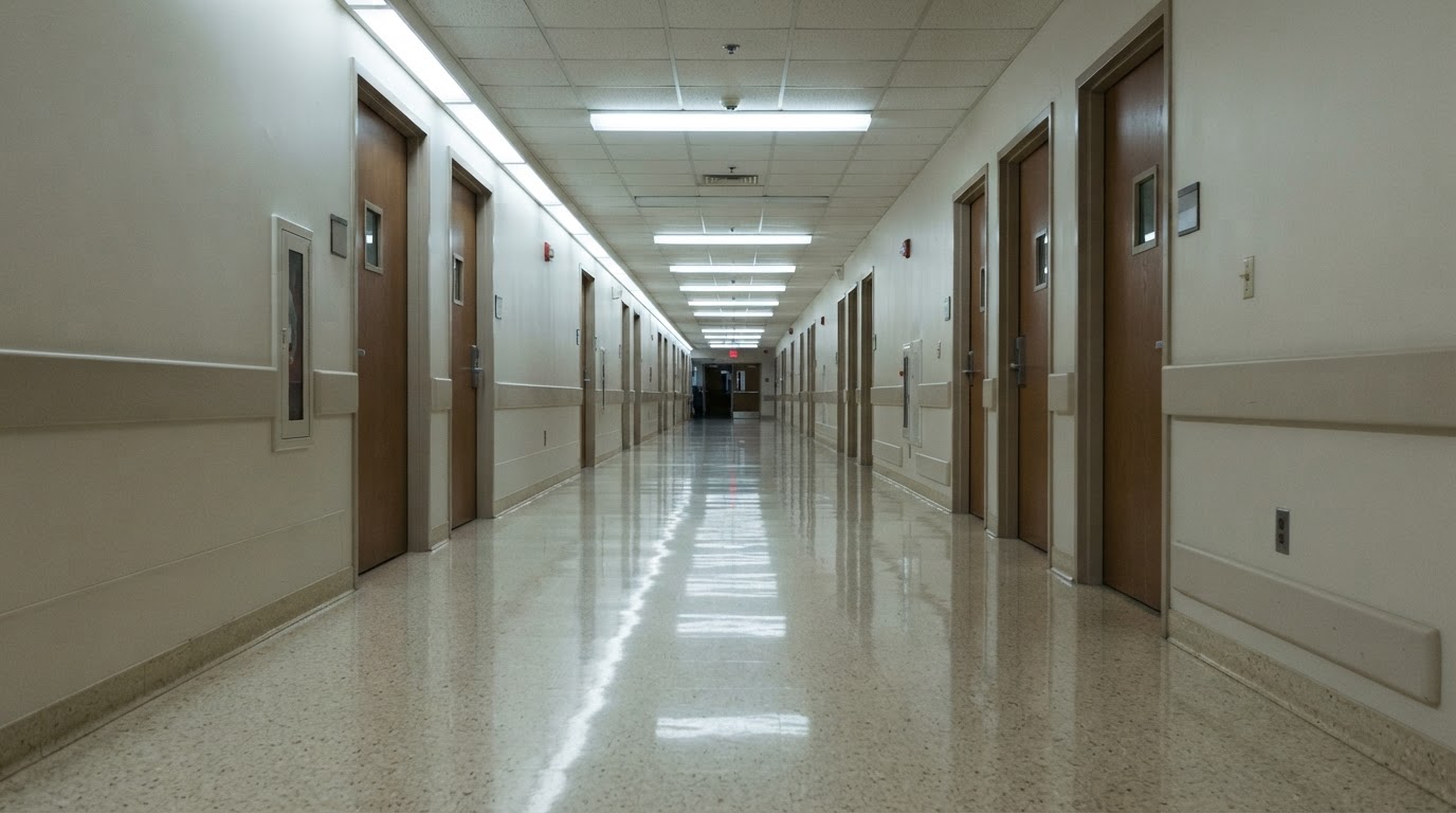 The long corridor of a university hospital — empty, lit only by ceiling lights.